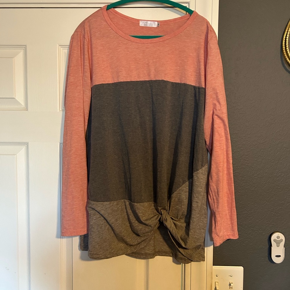 Colorblock Twist-Front Long Sleeve Top - Pink and Dark Gray
